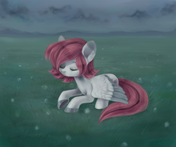 Size: 2000x1669 | Tagged: safe, artist:milka-pony, oc, oc only, pegasus, pony, eyes closed, field, sleeping, solo, spread wings, wings