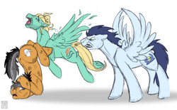 Size: 3712x2305 | Tagged: safe, artist:stormblaze-pegasus, quibble pants, soarin', zephyr breeze, earth pony, pegasus, pony, flutter brutter, g4, stranger than fan fiction, brutal reaction, crying, female, high res, implied rainbow dash, implied shipping, implied soarindash, implied straight, jealous, jealous soarin', male, quibbuse, scared, ship:soarindash, shipping, shipping war, simple background, stallion, straight, white background