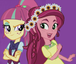 Size: 850x716 | Tagged: safe, artist:themexicanpunisher, gloriosa daisy, sour sweet, equestria girls, g4, my little pony equestria girls: friendship games, my little pony equestria girls: legend of everfree, clothes, crossed arms, crystal prep academy uniform, crystal prep shadowbolts, floral head wreath, flower, freckles, geode of fauna, geode of shielding, geode of sugar bombs, geode of super speed, geode of super strength, holly, magical geodes, open mouth, raised eyebrow, school uniform, smiling, smirk