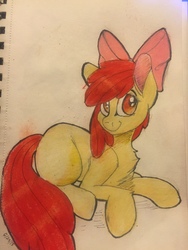 Size: 3264x2448 | Tagged: safe, artist:snowfoxythefox, apple bloom, g4, colored, colored pencil drawing, colored sketch, female, high res, lying down, pencil drawing, smiling, solo, traditional art