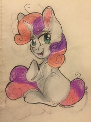 Size: 3264x2448 | Tagged: safe, artist:snowfoxythefox, sweetie belle, g4, chest fluff, colored, colored pencil drawing, colored sketch, female, high res, pencil, pencil drawing, sitting, smiling, solo, traditional art