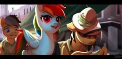 Size: 1920x937 | Tagged: safe, artist:imalou, daring do, quibble pants, rainbow dash, g4, stranger than fan fiction, city, clothes, hat, letterboxing, map, open mouth, widescreen, wing hands, wing hold