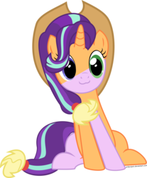 Size: 6000x7259 | Tagged: safe, artist:arifproject, applejack, starlight glimmer, pony, g4, :3, absurd resolution, cute, fusion, simple background, sitting, sitting catface meme, transparent background, vector, wat, we have become one, what has science done