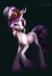 Size: 1280x1882 | Tagged: safe, artist:lulemt, tree of harmony, oc, oc only, oc:harmony (heilos), pony, unicorn, big crown thingy, black background, cloven hooves, commission, digital art, female, flower, flower in hair, jewelry, looking at you, mare, ponified, regalia, simple background, solo, unshorn fetlocks