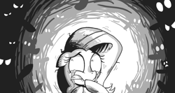 Size: 1231x657 | Tagged: safe, artist:php104, fluttershy, pony, g4, anxiety, crying, female, mare, monochrome, offscreen character, pointing, scared, solo focus