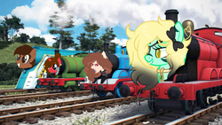 Size: 1024x577 | Tagged: dead source, safe, artist:frostythepegasus, oc, oc only, train pony, connor, crossover, inanimate tf, james the red engine, not salmon, percy the small engine, this will end in steam, thomas the tank engine, train, trainified, wat