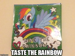 Size: 490x367 | Tagged: safe, artist:pokemariofan14, rainbow dash, g4, calendar, image macro, irl, meme, photo, solo, taste the rainbow