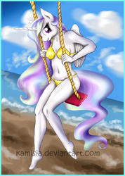 Size: 1024x1436 | Tagged: safe, artist:kamisia, princess celestia, alicorn, anthro, plantigrade anthro, g4, barefoot, beach, bikini, clothes, feet, female, solo, swimsuit, swing