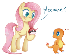 Size: 2601x2000 | Tagged: safe, artist:patchnpaw, fluttershy, charmander, pegasus, pony, g4, ..., blushing, crossover, cute, dialogue, female, high res, mare, poké ball, pokémon, simple background, transparent background, wingding eyes