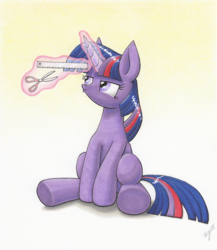 Size: 3070x3540 | Tagged: safe, artist:xeviousgreenii, twilight sparkle, pony, unicorn, g4, featured image, female, gradient background, haircut, high res, magic, misleading thumbnail, moments before disaster, ocd, ruler, scissors, sitting, solo, telekinesis, traditional art, twilight being twilight, underhoof, unicorn twilight