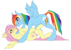 Size: 1024x717 | Tagged: safe, artist:fluffyrainbowsheep, fluttershy, rainbow dash, pegasus, pony, g4, blushing, female, lesbian, mare, on back, ship:flutterdash, shipping, simple background, spread wings, transparent background