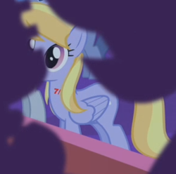 Size: 291x289 | Tagged: safe, screencap, cloud kicker, pegasus, pony, g4, my little pony: friendship is magic, season 1, suited for success, 7/8, animation error, background pony, cropped, female, folded wings, mare, solo focus, wings