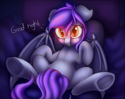 Size: 1518x1200 | Tagged: safe, artist:anti1mozg, oc, oc only, bat pony, pony, colored pupils, cute, dialogue, glowing eyes, looking at you, night, on back, solo, spread legs, spreading, strategically covered, tail censor, underhoof