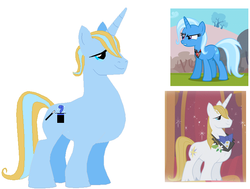 Size: 769x580 | Tagged: safe, artist:georgy000, artist:selenaede, screencap, prince blueblood, trixie, oc, oc:stage magic, pony, g4, offspring, parent:prince blueblood, parent:trixie, parents:bluetrix, screencap reference