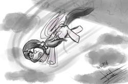 Size: 1024x672 | Tagged: safe, artist:scarlett-letter, oc, oc only, pegasus, pony, cloud, digital art, falling, grayscale, scared, sky