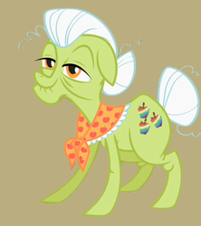 Size: 456x513 | Tagged: safe, artist:tuttaliny, granny smith, earth pony, pony, g4, alternate cutie mark, apple, brown background, female, food, simple background, solo, zap apple