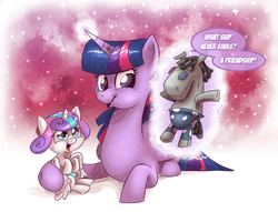 Size: 1000x765 | Tagged: safe, artist:saturdaymorningproj, princess flurry heart, smarty pants, twilight sparkle, alicorn, pony, g4, auntie twilight, dialogue, f.r.i.e.n.d.s, levitation, magic, prone, speech bubble, telekinesis, twilight sparkle (alicorn)