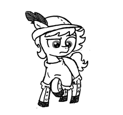Size: 640x600 | Tagged: safe, artist:ficficponyfic, oc, oc only, oc:ruby rouge, earth pony, pony, colt quest, child, clothes, concerned, dress, feather, female, filly, foal, frown, hat, leggings, monochrome, solo focus, story included, tomboy