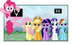 Size: 8000x4992 | Tagged: safe, artist:blackgryph0n, applejack, fluttershy, pinkie pie, rainbow dash, rarity, twilight sparkle, g4, absurd resolution, artifact, fake screencap, female, fourth wall, mane six, open mouth, pinkie being pinkie, simple background, transparent background, tv rating, tv-y