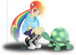 Size: 900x652 | Tagged: safe, artist:aleximusprime, artist:bonebreaker99, rainbow dash, tank, human, tortoise, g4, clothes, converse, deviantart watermark, duo, female, humanized, inkscape, obtrusive watermark, shoes, simple background, sneakers, transparent background, vector, watermark