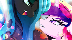 Size: 1920x1080 | Tagged: safe, artist:rariedash, princess cadance, queen chrysalis, alicorn, changeling, changeling queen, pony, a canterlot wedding, g4, angry, fangs, female, glare, open mouth, wallpaper