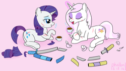 Size: 1604x911 | Tagged: safe, alternate version, artist:phallen1, fleur-de-lis, rarity, pony, unicorn, g4, aftermath, bad haircut, battle damage, continuity, cut, female, gossip, implied violence, like nothing happened, mare, newbie artist training grounds, scabbard, sword, talking, teacup, weapon