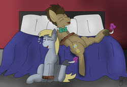 Size: 2305x1583 | Tagged: safe, artist:mackstack, derpy hooves, doctor whooves, time turner, pegasus, pony, g4, bed, bondage, bound, crying, feather, female, hoof tickling, laughing, mare, open mouth, tears of laughter, tickle torture, tickling