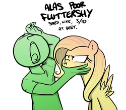 Size: 563x489 | Tagged: safe, artist:shoutingisfun, fluttershy, oc, oc:anon, human, pegasus, pony, g4, alas poor yorick, duo, female, fluttershy is not amused, hamlet, impending doom, limited palette, male, mare, opinion, simple background, speech bubble, squishy cheeks, this will end in pain, unamused, white background, william shakespeare