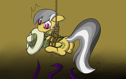 Size: 1680x1050 | Tagged: safe, artist:clacksphob, derpibooru exclusive, daring do, pegasus, pony, g4, bondage, butt, clothes, female, hanging, hat, peril, pith helmet, plot, rope, solo, suspended, sweat, tentacles