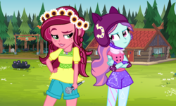 Size: 1000x599 | Tagged: safe, artist:3d4d, artist:mixiepie, gloriosa daisy, sunny flare, equestria girls, g4, my little pony equestria girls: legend of everfree, alternate universe, clothes, clothes swap, geode of fauna, geode of shielding, geode of sugar bombs, geode of super speed, geode of super strength, magical geodes