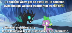 Size: 1220x567 | Tagged: safe, edit, edited screencap, screencap, spike, thorax, changeling, dragon, g4, the times they are a changeling, a duo, an american tail, caption, don bluth, image macro, lyrics, meme, movie reference, song reference, text