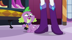 Size: 1920x1080 | Tagged: safe, screencap, rarity, spike, dog, equestria girls, g4, boots, boots shot, carousel boutique, high heel boots, jewelry, legs, looking up, pictures of legs, spike the dog