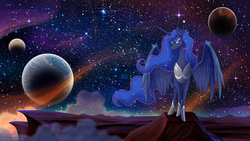 Size: 2560x1440 | Tagged: safe, artist:stepandy, princess luna, alicorn, pony, g4, chest fluff, cliff, female, frown, lidded eyes, mare, planet, scenery, sky, solo, space, spread wings, stars