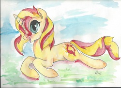 Size: 3507x2550 | Tagged: safe, artist:buttercupsaiyan, sunset shimmer, pony, unicorn, g4, female, high res, solo, traditional art, watercolor painting