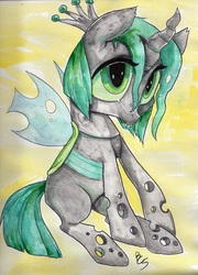 Size: 2511x3492 | Tagged: safe, artist:buttercupsaiyan, queen chrysalis, changeling, changeling queen, nymph, g4, cute, cutealis, female, filly, high res, solo, traditional art, watercolor painting