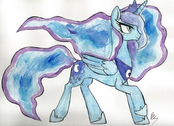Size: 3457x2511 | Tagged: safe, artist:buttercupsaiyan, princess luna, g4, female, high res, simple background, solo, traditional art, watercolor painting