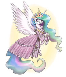Size: 1280x1480 | Tagged: safe, artist:king-kakapo, part of a set, princess celestia, alicorn, pony, g4, clothes, cloven hooves, dress, ear piercing, earring, female, grin, jewelry, lidded eyes, looking at you, mare, piercing, sandals, smiling, solo, spread wings, unshorn fetlocks