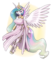 Size: 1280x1462 | Tagged: safe, artist:king-kakapo, part of a set, princess celestia, alicorn, anthro, unguligrade anthro, g4, arm hooves, breasts, busty princess celestia, clothes, cloven hooves, dress, female, lidded eyes, looking at you, sandals, smiling, solo, spread wings, unshorn fetlocks