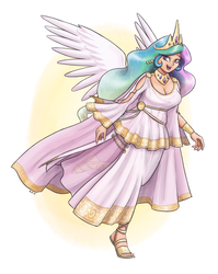 Size: 1280x1608 | Tagged: safe, artist:king-kakapo, part of a set, princess celestia, human, g4, breasts, busty princess celestia, cleavage, clothes, dress, ear piercing, earring, female, humanized, jewelry, lidded eyes, light skin, looking at you, open mouth, piercing, sandals, see-through, smiling, solo, spread wings, walking, winged humanization