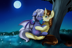 Size: 2903x1932 | Tagged: safe, artist:pridark, oc, oc only, bat pony, pony, unicorn, bedroom eyes, blushing, commission, duo, female, full moon, grass field, male, night sky, open mouth, stars, straight, tree