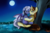 Size: 2903x1932 | Tagged: safe, artist:pridark, oc, oc only, bat pony, pony, unicorn, bedroom eyes, blushing, commission, duo, female, full moon, grass field, male, night sky, open mouth, stars, straight, tree