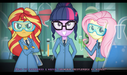 Size: 1853x1086 | Tagged: safe, artist:invisibleink, fluttershy, sci-twi, sunset shimmer, twilight sparkle, equestria girls, g4, my little pony equestria girls: friendship games, clothes, crossed arms, crossover, cute, ghostbusters, glasses, gloves, hands behind back, laboratory, latex gloves, parody, rubber gloves, safety goggles, science, scientist, smiling, test tube, twiabetes