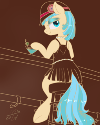 Size: 600x750 | Tagged: safe, artist:malwinters, coco pommel, g4, alcohol, bar, bedroom eyes, clothes, dress, eyeshadow, female, hat, jewelry, looking at you, looking back, makeup, martini, necklace, newbie artist training grounds, short dress, sitting, smiling, solo, stool