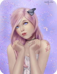 Size: 800x1034 | Tagged: safe, artist:mostly-blue, fluttershy, butterfly, human, g4, alternative cutie mark placement, female, humanized, jewelry, looking at you, necklace, shoulder cutie mark, solo