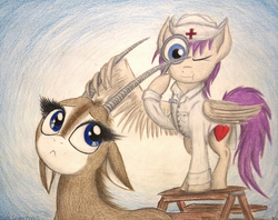 Size: 1328x1050 | Tagged: safe, artist:thefriendlyelephant, oc, oc only, oc:honey fall, oc:uganda, antelope, giant sable antelope, pegasus, pony, :<, animal in mlp form, cute, doctor, heart, horns, inspection, ladder, magnifying glass, nurse, pouting