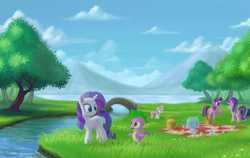 Size: 1900x1200 | Tagged: safe, artist:emeraldgalaxy, rarity, spike, starlight glimmer, sweetie belle, twilight sparkle, alicorn, pony, unicorn, g4, apple, banana, basket, belle sisters, cloud, female, filly, foal, folded wings, food, grass, group, horn, lake, looking at each other, looking at someone, male, mare, mountain, nature, open mouth, open smile, outdoors, picnic, picnic blanket, quintet, raised hoof, river, scenery, siblings, sisters, sky, smiling, smiling at each other, the cmc's cutie marks, tree, twilight sparkle (alicorn), water, wings