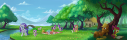 Size: 3800x1200 | Tagged: safe, alternate version, artist:emeraldgalaxy, angel bunny, apple bloom, applejack, fluttershy, rarity, spike, starlight glimmer, sweetie belle, twilight sparkle, alicorn, dragon, earth pony, pegasus, pony, unicorn, g4, apple sisters, baby, baby dragon, belle sisters, book, bridge, female, filly, lake, male, mare, picnic, picnic table, river, scenery, siblings, sisters, tree, twilight sparkle (alicorn)