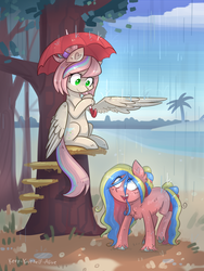 Size: 1024x1365 | Tagged: safe, artist:kyaokay, oc, oc only, oc:flower child, oc:sweet skies, happy, rain, umbrella, wing hands