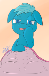 Size: 1317x2028 | Tagged: safe, artist:gift, oc, oc only, pony, anny fic, baby, baby pony, blanket, blue, cute, female, filly, floppy ears, sleepy, solo, waking up