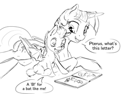 Size: 1200x927 | Tagged: safe, artist:silfoe, twilight sparkle, oc, oc:pterus, alicorn, bat pony, pony, other royal book, royal sketchbook, adopted offspring, black and white, book, cute, dialogue, foal, grayscale, learning, monochrome, mother and son, parent:princess luna, parent:twilight sparkle, parents:twiluna, silfoe is trying to murder us, simple background, speech bubble, twilight sparkle (alicorn), white background